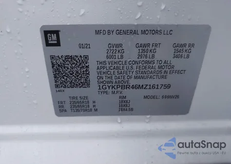 2021 Cadillac Xt6 Luxury z USA, uszkodzony, nr VIN 1GYKPBR46MZ161759